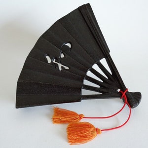Iron Fan-shaped Kettle Teapot trivet with tassels, Japanese marked Nambu Teki Ironware, signed #2401