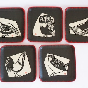 Japanisches Chigiri-e Washi Reispapier &quot;&quot;Vögel&quot;&quot; Kunst Teller - Geschirr, Set 5 # Genuine Pack Box # 4353