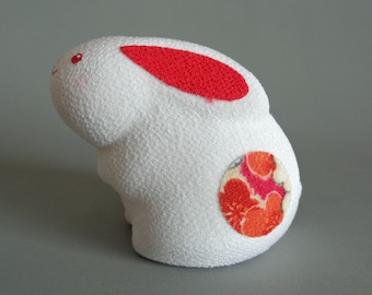 Rabbit Bunny Hare Doll-Okimono ornament, Japanese Chirimen-Zaiku crafts Vintage ,wooden composite covered by Chirimen fabric #5451
