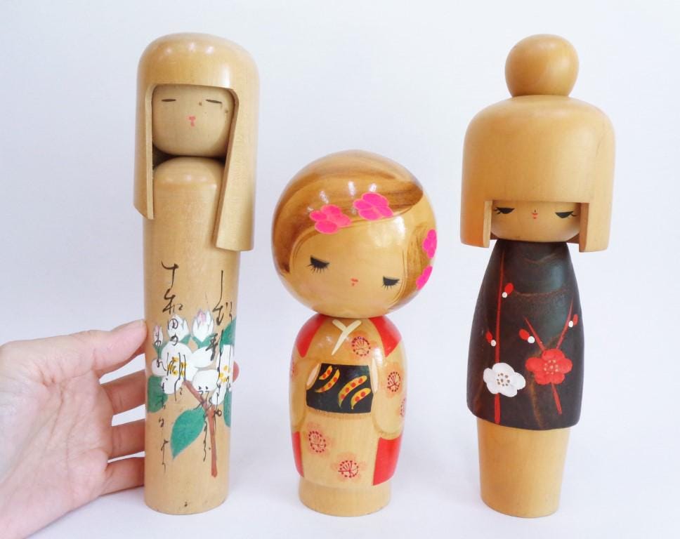 Vintage Kokeshi Doll Set: Handmade Japanese Wooden Sosaku Dolls