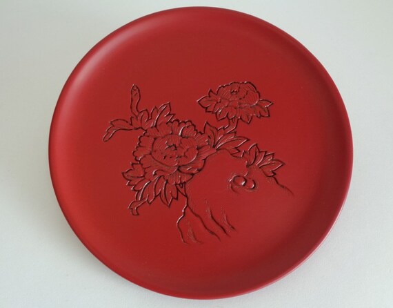 村上木彫堆朱塗盆：手彫り花皿 - Etsy 日本