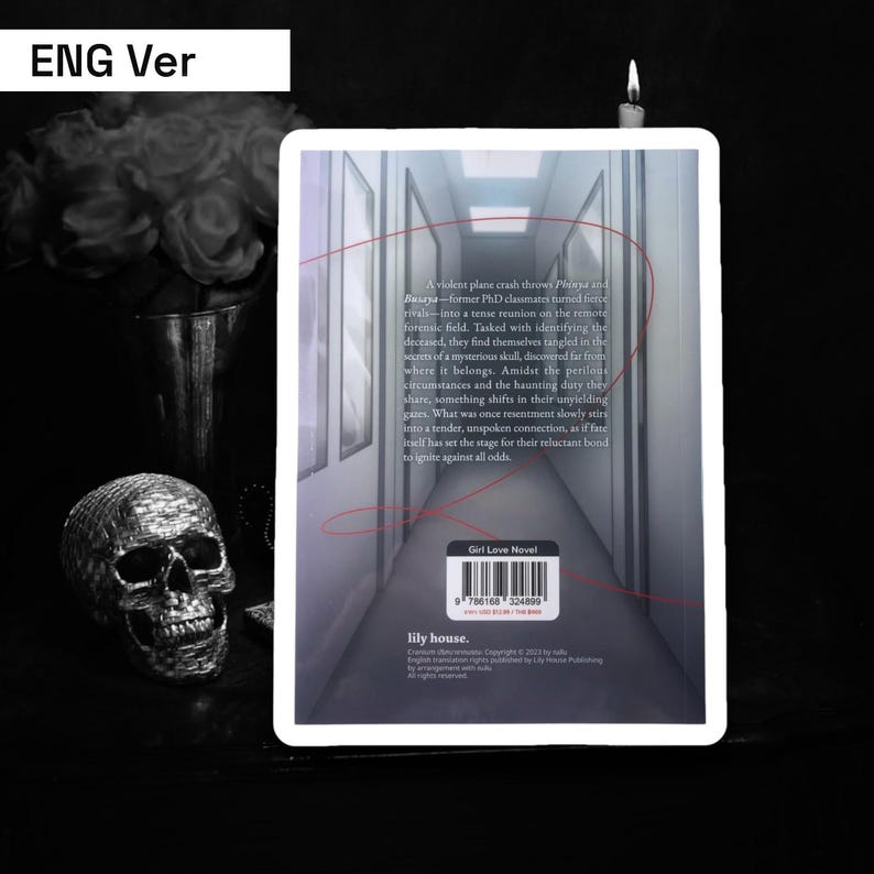 Puede incluir: La contraportada de una novela de bolsillo titulada "Lily House". La portada presenta una l&iacute;nea roja que conecta dos figuras en un pasillo. El texto en la contraportada describe una historia sobre dos antiguos compa&ntilde;eros de clase de doctorado que tienen la tarea de identificar a una persona fallecida. El libro es una novela de amor de chicas.