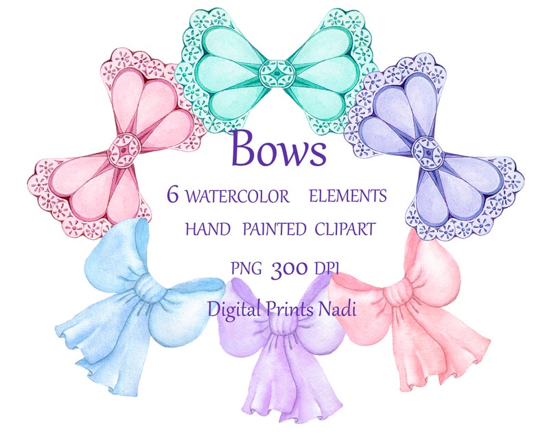 Download Watercolor Pink Blue Green Bows Clipart Bows Set Png For Etsy