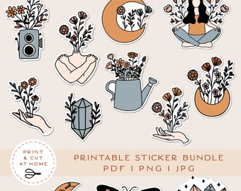 Printable Stickers Bundle, Floral Vinyl Sticker, Laptop Decal, Moon Book Star Clipart, Botanical Cricut PNG Stickers, Print & Cut Sticker