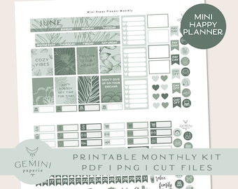 Botanical Planner Stickers, Mini Happy Planner, Monthly Kit (PDF, PNG)