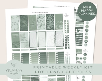 May include: Printable weekly planner stickers in a green and white color scheme with floral and leaf designs. The stickers include phrases like "Cozy Vibes", "Follow Your Heart", and "Ain't Nobody Got Time For That".