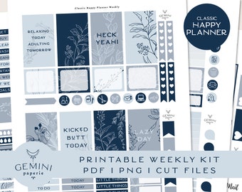 Floral plannerstickers, klassiek Happy planner-weekpakket (pdf, png, studio3)