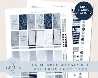 May include: Printable weekly planner kit in blue and gray colors with floral designs. The kit includes stickers with text like "Relaxing Today", "Heck Yeah", "Lazy Day", "Kicked Butt Today", "Little Things", "Bill Due", and "Pay Day".