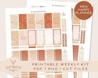 May include: Printable weekly planner sticker kit with floral and geometric designs in shades of brown, peach, and white. The kit includes a variety of stickers for planning, including "Relax", "Work", "Keep Cozy", "Sweater Weather", and "Today".