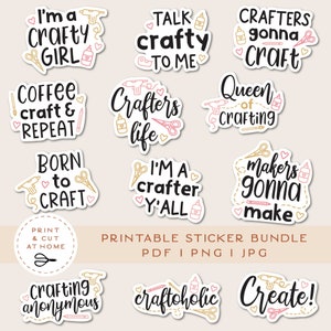 Crafting Printable Stickers Bundle, Craft Vinyl Sticker, Laptop Decal, Crafty Girl Clipart, DIY Cricut PNG Stickers, Print & Cut Sticker image 1