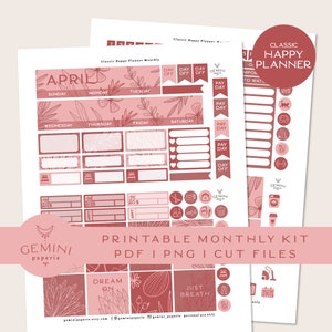 April Printable Planner Stickers, Monthly Kit for Classic Happy Planner, DIY Vinyl Sticker Printable, Red Floral Monthly Spread