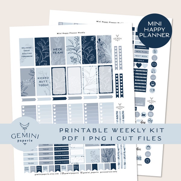 Mini Happy Planner Autocollants imprimables, Botanical Mambi Mini Weekly Kit, Floral Print and Cut Planning Sticker Kit, Mini HP Cut Files