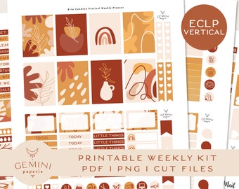 May include: Printable weekly planner sticker kit with a vertical layout. The stickers feature a modern minimalist design with abstract shapes, leaves, and rainbows in shades of brown, orange, and red. The text "ECLP VERTICAL" is visible in the upper right corner of the image.