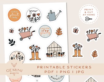 May include: Printable stickers featuring gardening themed illustrations. The stickers include a watering can, a wheelbarrow, a greenhouse, boots, and various floral designs. The text on the stickers includes "crazy plant lady", "grow", "never stop growing", and "green life".