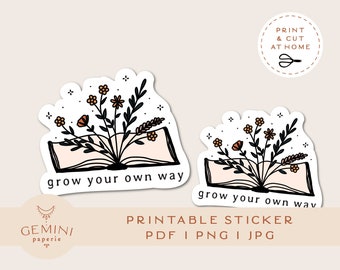 Printable Stickers, Floral Book Sticker, Printable Stickers, Laptop Decal, Water Bottle Sticker, Cricut PNG Stickers, Digital Stickers