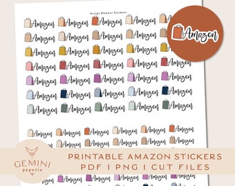 Puede incluir: Pegatinas imprimibles que presentan una variedad de bolsas de la compra coloridas con la palabra "Amazon" impresa en ellas. Las pegatinas están diseñadas para su uso en un planificador de guiones. El texto "Pegatinas de Amazon imprimibles" y "PDF | PNG | ARCHIVOS DE CORTE" también se incluye en la imagen.