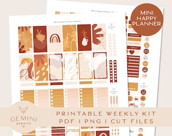 May include: Printable weekly planner sticker kit with a minimalist aesthetic. The stickers feature abstract shapes, lines, and illustrations in warm tones of brown, orange, and beige. The kit includes a variety of stickers for planning, goal setting, and tracking tasks. The text "GEMINI paperie" is featured on the stickers.