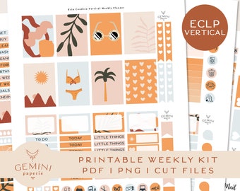 May include: Printable weekly planner sticker kit with a tropical theme. The stickers are in orange, pink, and blue colors. The kit includes stickers with palm trees, sunglasses, hearts, and the text "Little Things".