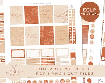 May include: Printable weekly planner sticker kit with floral and geometric designs in orange, brown, and white. The kit includes stickers for "Work", "Keep Cozy", "Sweater Weather", "Little Things", "To Do", and "Today".