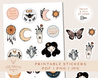 Bullet Journal Printable Stickers, Celestial Magic Moon Clipart, Cricut Design Stickers, Digital Stickers Goodnotes