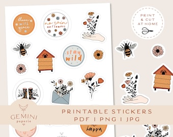 Botanical Bee Stickers, Floral Clipart, Cricut, Goodnotes (Digital Download)