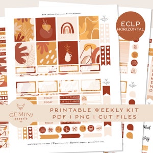 May include: Printable weekly planner stickers in a horizontal format with a boho aesthetic. The stickers feature abstract shapes, plants, and text in shades of brown, orange, and white. The text includes "Today", "Little Things", and "ECLP Horizontal".