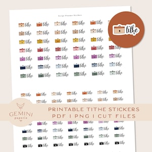 Puede incluir: Hoja de pegatinas imprimible con 48 sobres ilustrados de colores con la palabra "tithe" escrita en cada uno. Las pegatinas están diseñadas para usar en un planificador o diario.
