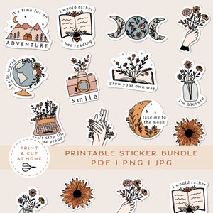 Printable Stickers Bundle, Floral Vinyl Sticker, Laptop Decal, Moon Book Star Clipart, Botanical Cricut PNG Stickers, Print & Cut Sticker image 1