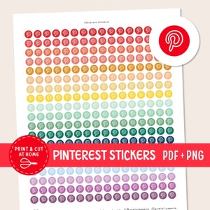 May include: Printable digital sheet of colorful Pinterest logo stickers. The sheet features a rainbow gradient of colors with white outlines of the Pinterest logo. The text "Pinterest Stickers PDF + PNG" is at the bottom of the sheet.