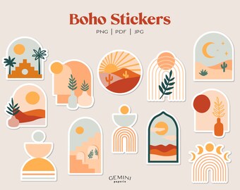 Boho Stickers, Planner stickers, Printable Stickers, Vinyl Stickers, Digital Abstract Sticker, Sun Moon Rainbow Stickers