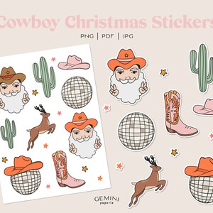 Kerststickers, Cowboy Kerstmis, Retro Stickers, Bullet Journal Sticker, Cowboy Santa, Vinyl Sticker, Kerst Sticker Sheet