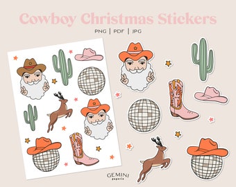 Christmas Stickers, Cowboy Christmas, Retro Stickers, Bullet Journal Sticker, Cowboy Santa, Vinyl Sticker, Christmas Sticker Sheet