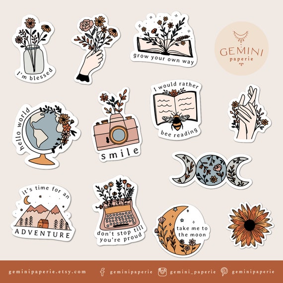 Pack dautocollants imprimables, autocollant en vinyle floral, autocollant  dordinateur portable, Clipart détoile de livre de lune, autocollants png  botaniques de Cricut, impression et autocollant de coupe -  France