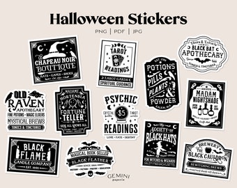 Vintage Halloween Stickers, Witches Sticker, Halloween Stickers, Wizard Stickers, Halloween Labels, Bullet Journal Stickers, Spooky Stickers