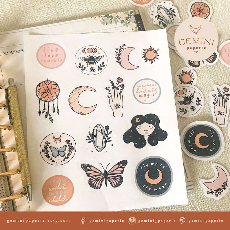 Bullet Journal Printable Stickers, Celestial Magic Moon Clipart, Cricut Design Stickers, Digital Stickers Goodnotes image 4