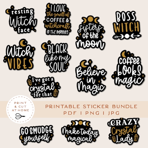 Witch Stickers, Magic Printable Stickers Bundle, Moon Vinyl Sticker, Laptop Decal, DIY Cricut PNG Stickers, Print & Cut Sticker