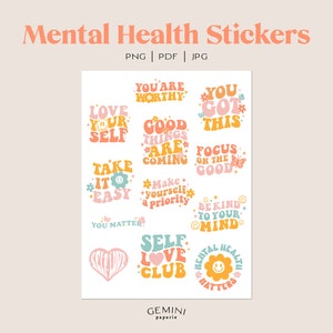 Retro Mental Health Stickers, Motivational Quotes, Positive Affirmations, Inspirational Quote, Self Care Png, Printable Digital Stickers image 2