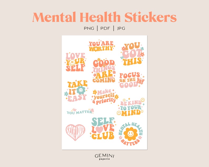 Retro Mental Health Stickers, Motivational Quotes, Positive Affirmations, Inspirational Quote, Self Care Png, Printable Digital Stickers image 2