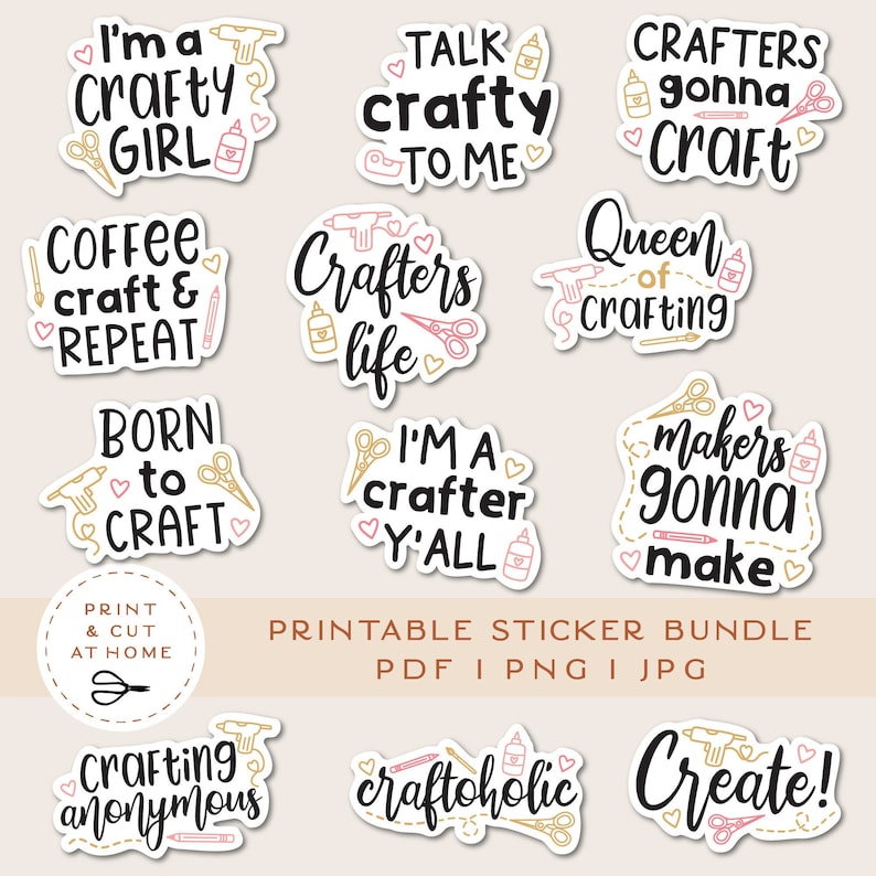 Crafting Printable Stickers Bundle, Craft Vinyl Sticker, Laptop Decal, Crafty Girl Clipart, DIY Cricut PNG Stickers, Print & Cut Sticker image 1