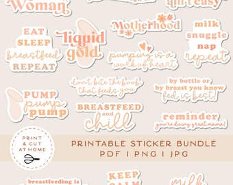 Puede incluir: Paquete de pegatinas imprimibles con frases relacionadas con la lactancia materna y la maternidad. Las pegatinas son de color melocotón y rosa con texto blanco. Algunas de las frases incluyen "Badass Woman", "Liquid Gold", "Pumping is a work of heart", "Breastfeed and chill", "Keep Calm and Latch On", y "Milk Maker".