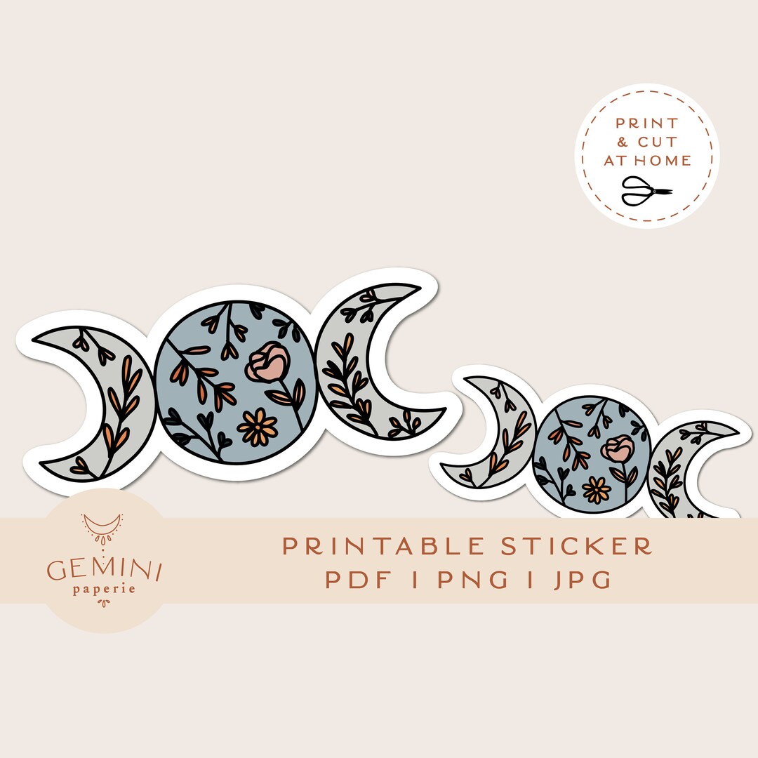 Paper Sticker Moon Moon Printable Sticker, Floral Moons Vinyl Sticker, Laptop Decal, Moon ...