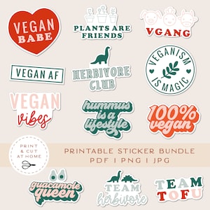 Printable Stickers Bundle, Vegan Vinyl Sticker, Laptop Decal, Animal Plant Clipart, Vegetarian Cricut PNG Stickers, Print & Cut Sticker