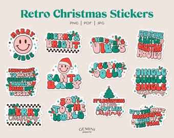 Christmas Stickers, Retro Stickers, Bullet Journal Stickers, Planner Stickers, Scrapbook Stickers, Retro Christmas PNG, Santa Sticker