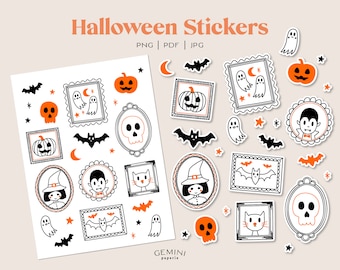 Vintage Halloween Sticker Sheet, Witchy Planner Stickers (PNG, PDF, JPG)