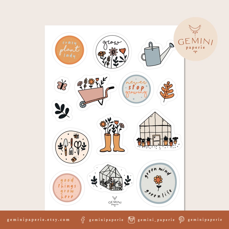 May include: A set of 12 colorful stickers featuring gardening-themed illustrations and text. The stickers include phrases like "crazy plant lady", "grow", "never stop growing", "good things grow here", and "green mind green life".