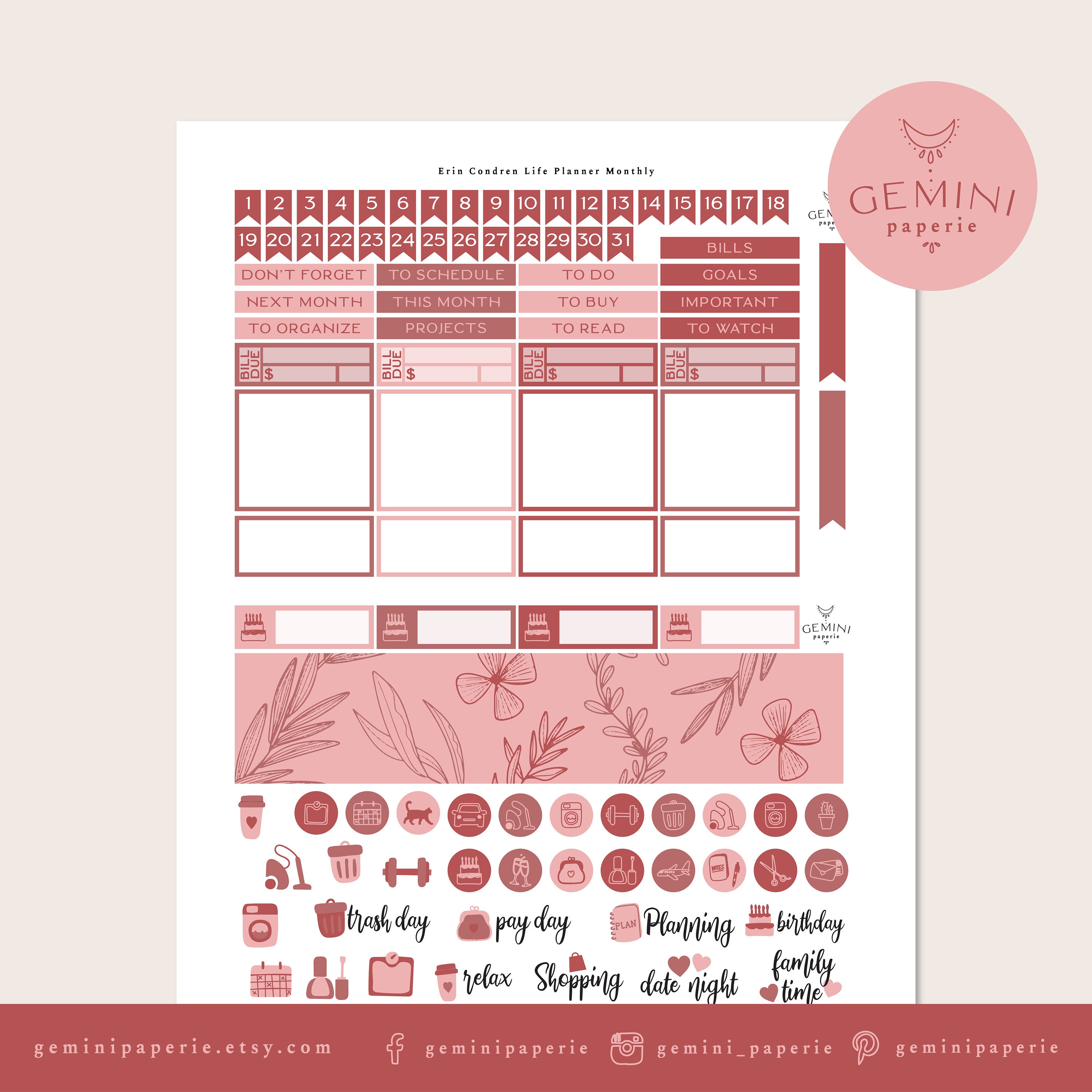 Printable Planner Stickers. Monthly Kit for Erin Condren 2021 Life ...