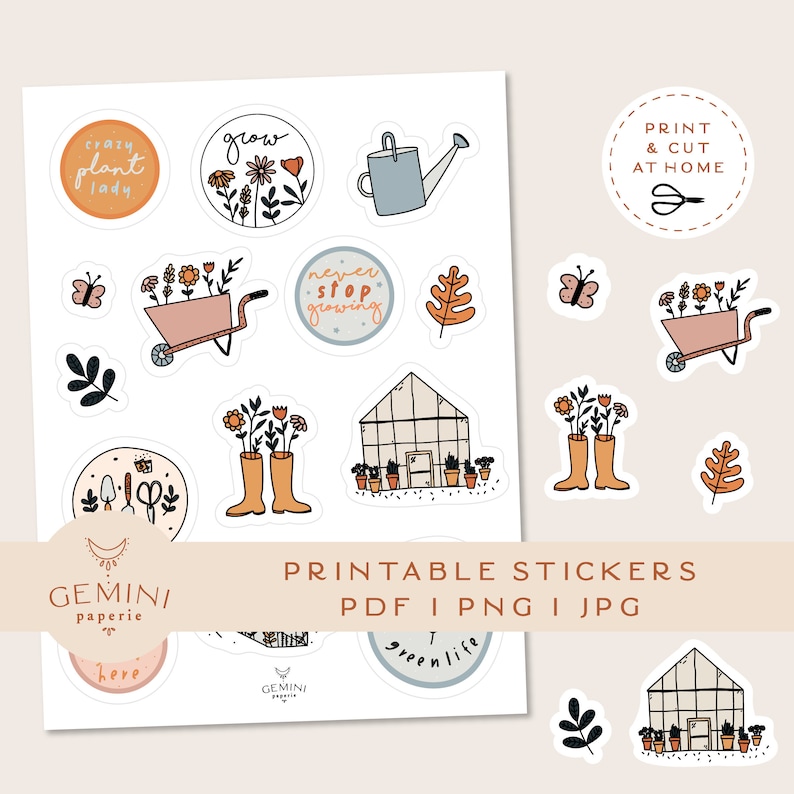 May include: Printable stickers featuring gardening themed illustrations. The stickers include a watering can, a wheelbarrow, a greenhouse, boots, and various floral designs. The text on the stickers includes "crazy plant lady", "grow", "never stop growing", and "green life".
