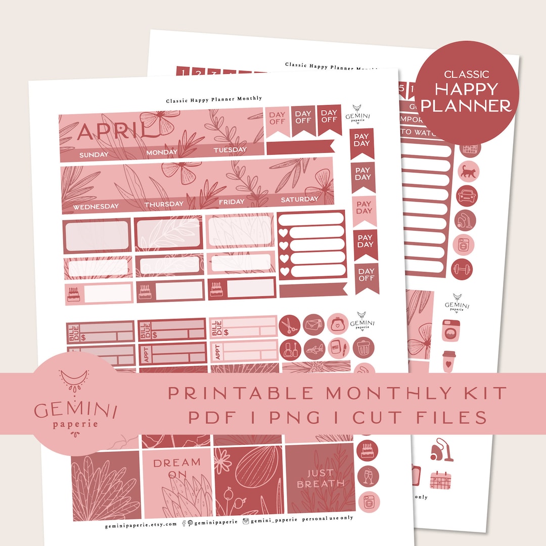 April Printable Planner Stickers, Monthly Kit for Classic Happy Planner ...