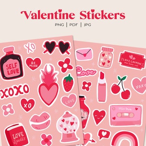 Valentine&#39;s Day Stickers, Valentine Vinyl Sticker, Love Hearts Stickers Bundle, DIY Cricut PNG Stickers, Print & Cut Sticker, Bullet Journal