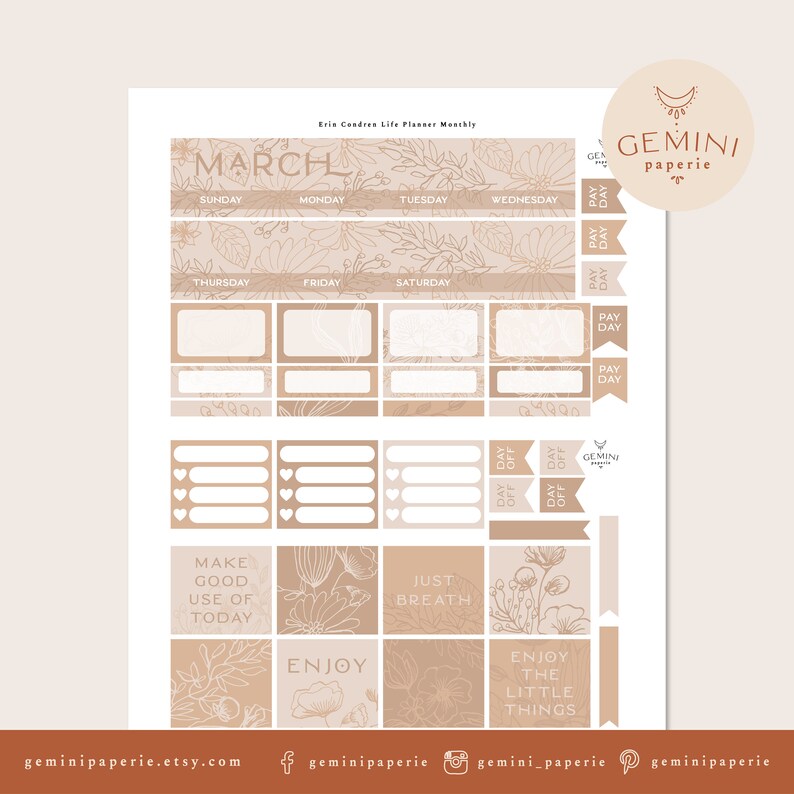 Printable March Planner Stickers, March Monthly Kit for Erin Condren ...